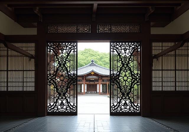 An ornate, hand-forged iron gate for a traditional kendo dojo.