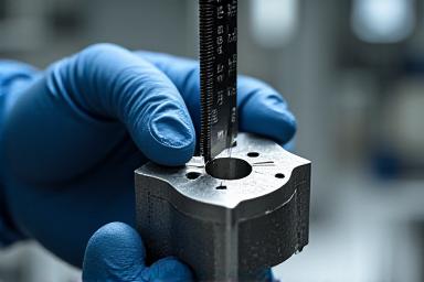 A technician using a micrometer to measure the tolerance of a finished metal part.