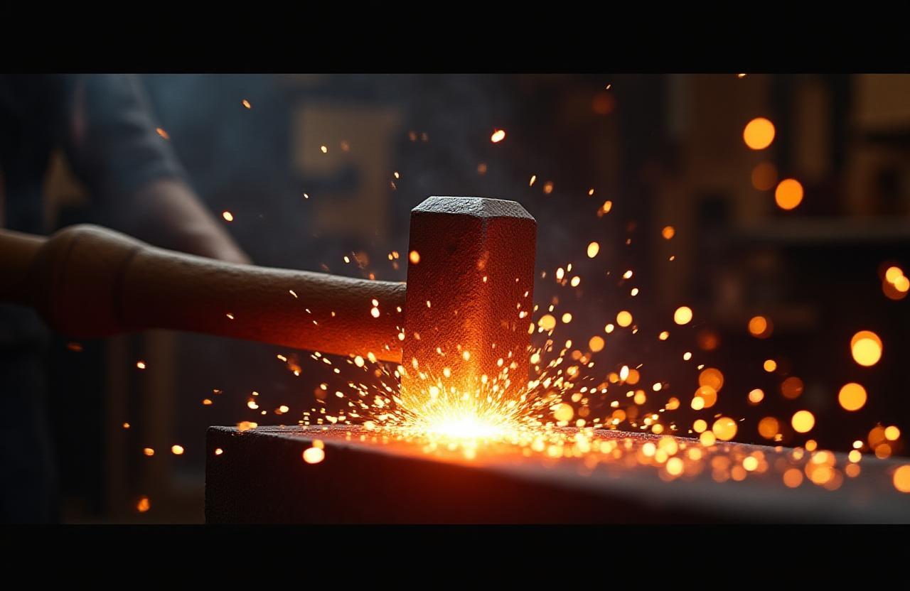 Sparks flying from a blacksmith's hammer hitting hot metal.