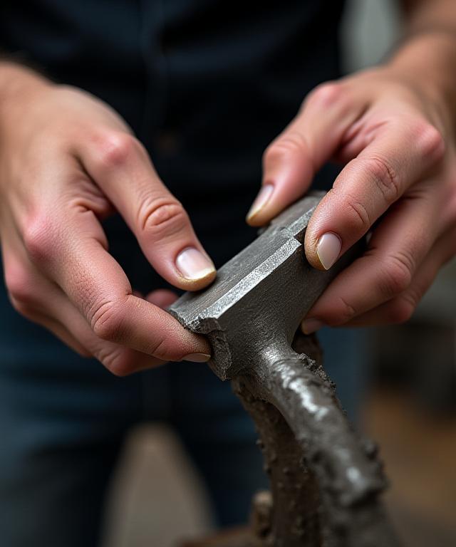Close-up of a craftsman's hands carefully inspecting a forged metal part.