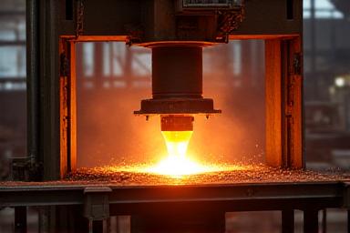 A hydraulic press shaping a glowing piece of metal.